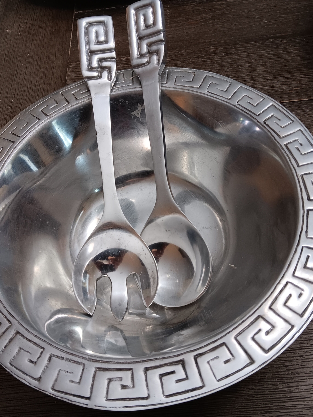 Unk Silver Greek Key Stainless Steel Salad Bowl with Serving Fork and Spoon